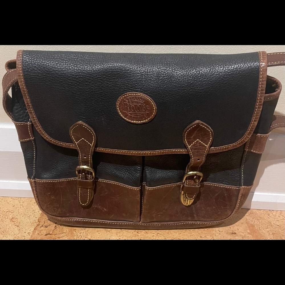 Roots Black and Brown Leather Messenger Bag